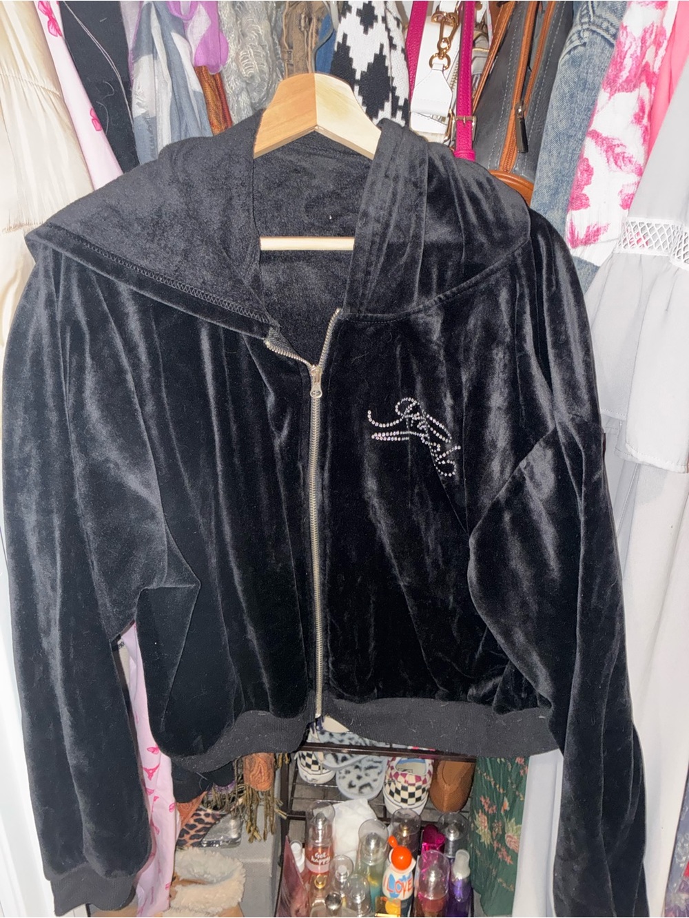 Rue21 Black Velour Angel Zip-Up Jacket with Rhinestone Script